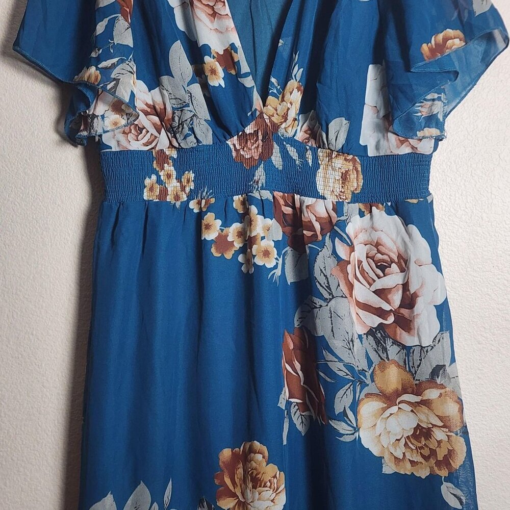 Baltic Born Sarah Dress Womens 1X Blue Floral Smocked Midi Wrap Chiffon NWT - Picture 2 of 13